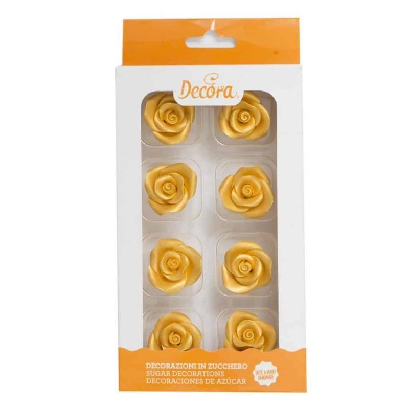 Sukkerroser i Guld - 8 Stk Kagepynt til Særlig Anledning