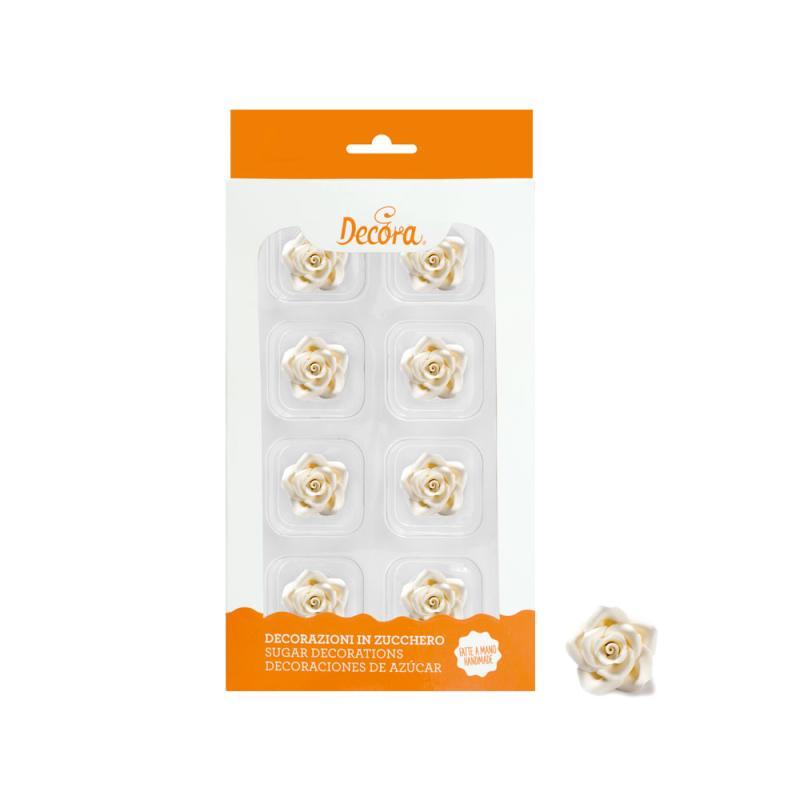 Hvide Sukkerroser - 8 Stk til Elegant Kagepynt!