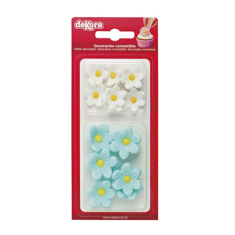 Dekora Sukkerblomster Hvid Blå - 14 Stk Bryllups Pynt